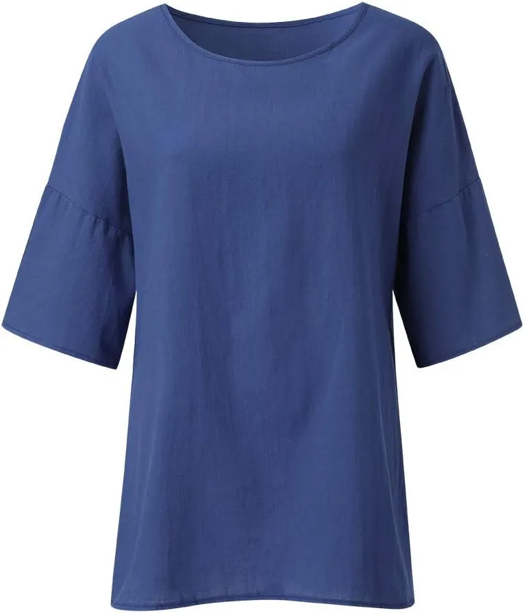 Women's Cotton Linen Tops Ladies Summer Fashion Crop Sleeves Loose T-shirts Crew Neck Tees Blouse Pullover Shirts Yellow