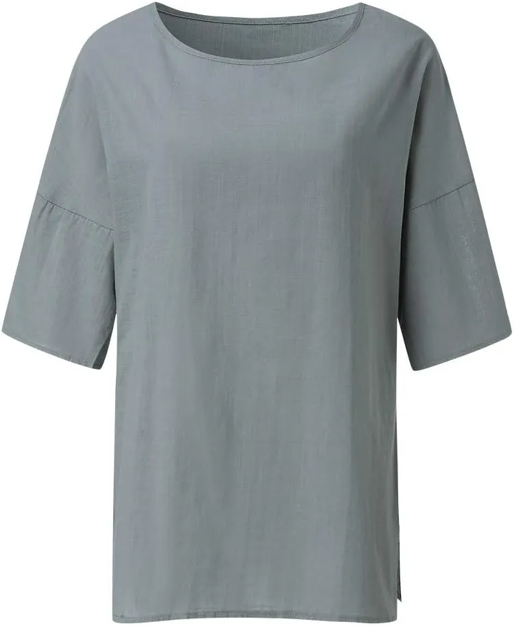 Women's Cotton Linen Tops Ladies Summer Fashion Crop Sleeves Loose T-shirts Crew Neck Tees Blouse Pullover Shirts Yellow