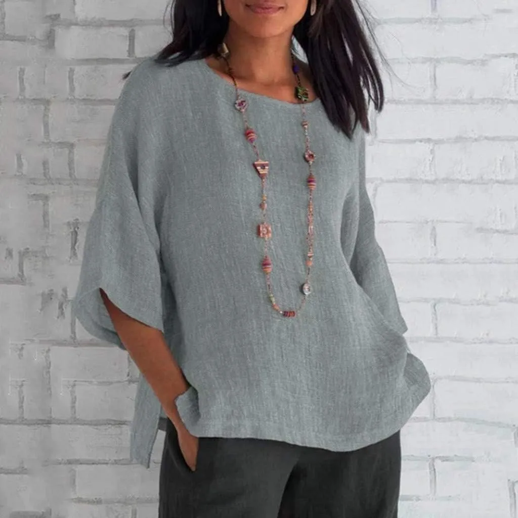 Women's Cotton Linen Tops Ladies Summer Fashion Crop Sleeves Loose T-shirts Crew Neck Tees Blouse Pullover Shirts Yellow