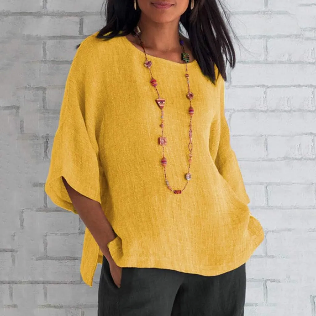 Women's Cotton Linen Tops Ladies Summer Fashion Crop Sleeves Loose T-shirts Crew Neck Tees Blouse Pullover Shirts Yellow