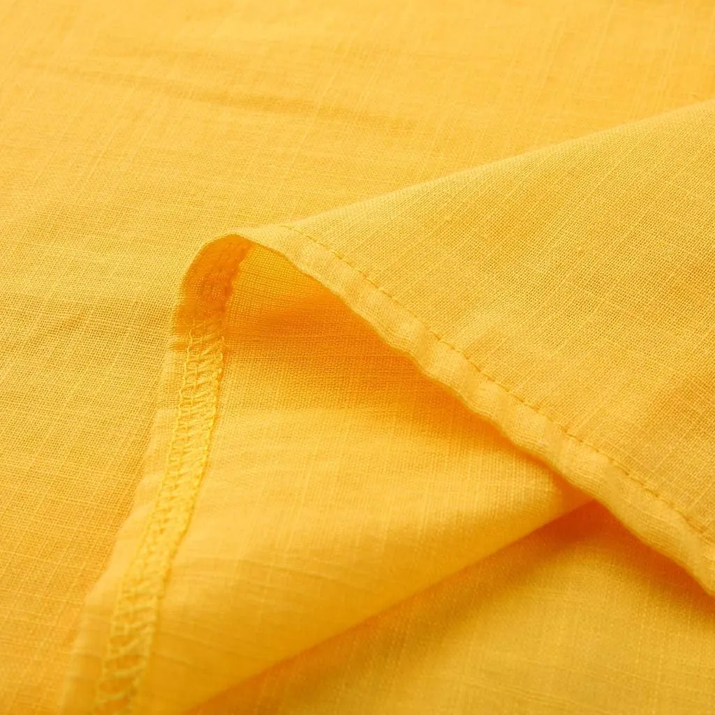 Women's Cotton Linen Tops Ladies Summer Fashion Crop Sleeves Loose T-shirts Crew Neck Tees Blouse Pullover Shirts Yellow