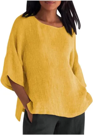 Women's Cotton Linen Tops Ladies Summer Fashion Crop Sleeves Loose T-shirts Crew Neck Tees Blouse Pullover Shirts Yellow