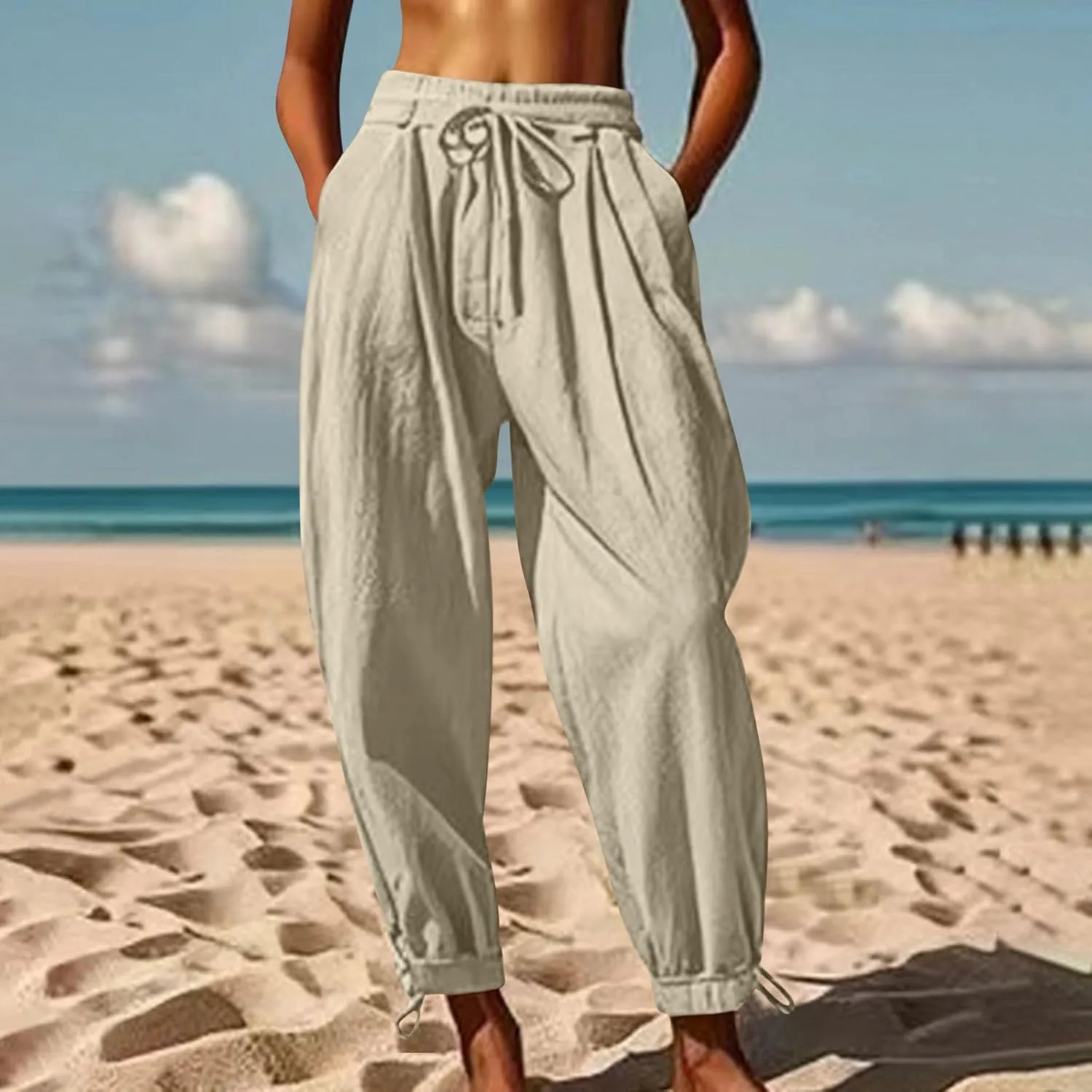 Womens Culottes Cotton Linen Wide Leg Pants Casual Drawstring Elastic Waist Baggy Trousers with Pockets