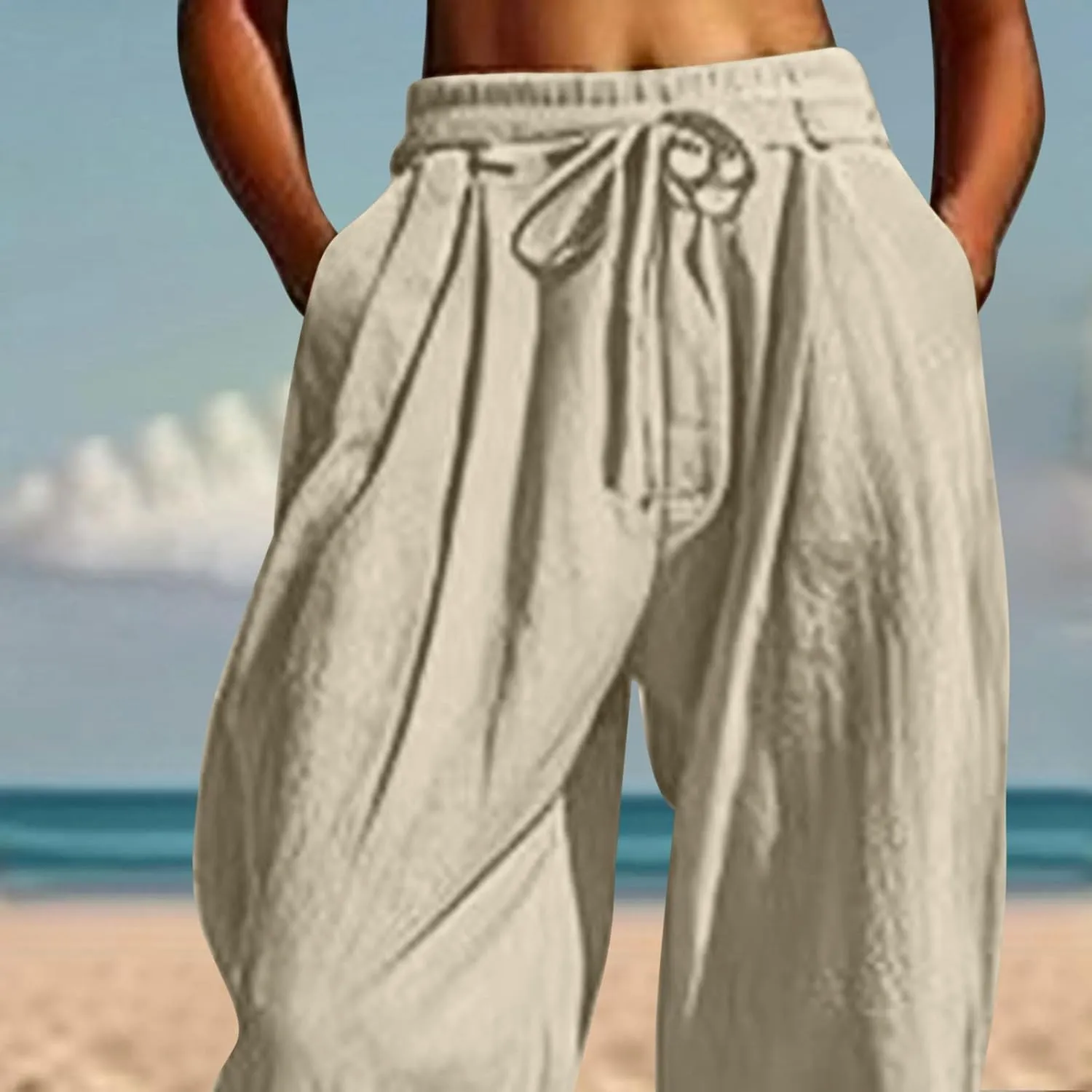 Womens Culottes Cotton Linen Wide Leg Pants Casual Drawstring Elastic Waist Baggy Trousers with Pockets