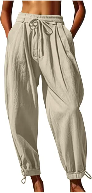 Womens Culottes Cotton Linen Wide Leg Pants Casual Drawstring Elastic Waist Baggy Trousers with Pockets
