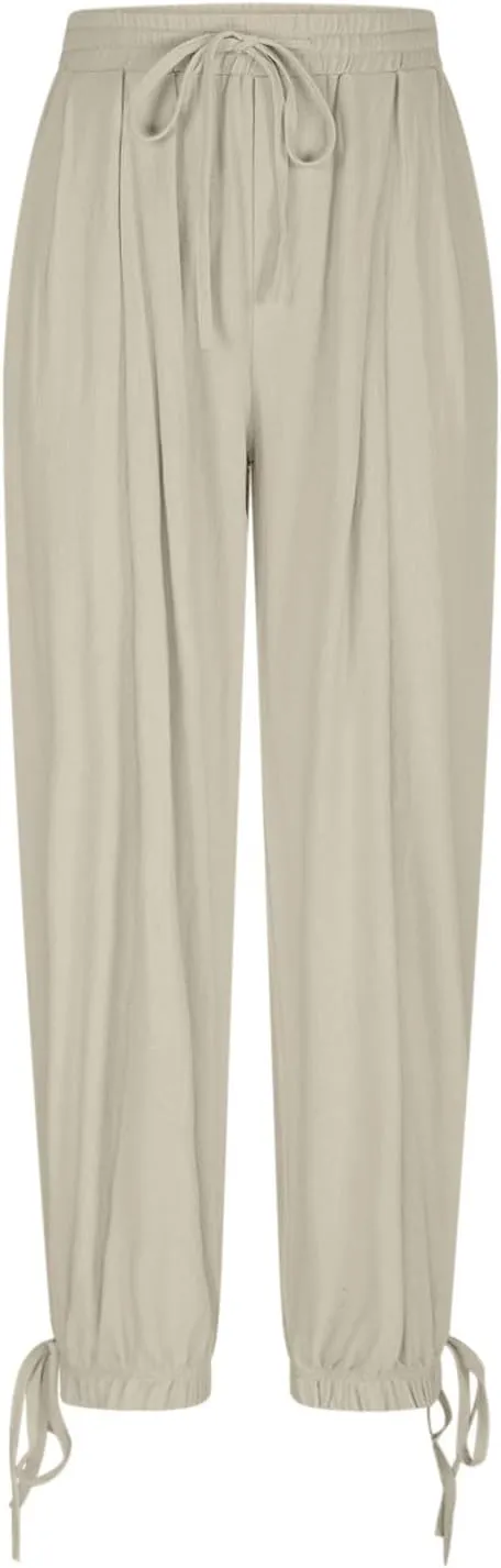 Womens Culottes Cotton Linen Wide Leg Pants Casual Drawstring Elastic Waist Baggy Trousers with Pockets
