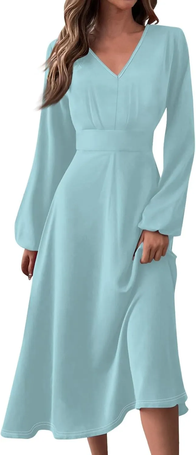 Women'S Dresses for Wedding Guest Fall Long Sleeve Wrap V Neck Ruffle Belted A-Line Flowy Midi Dresses