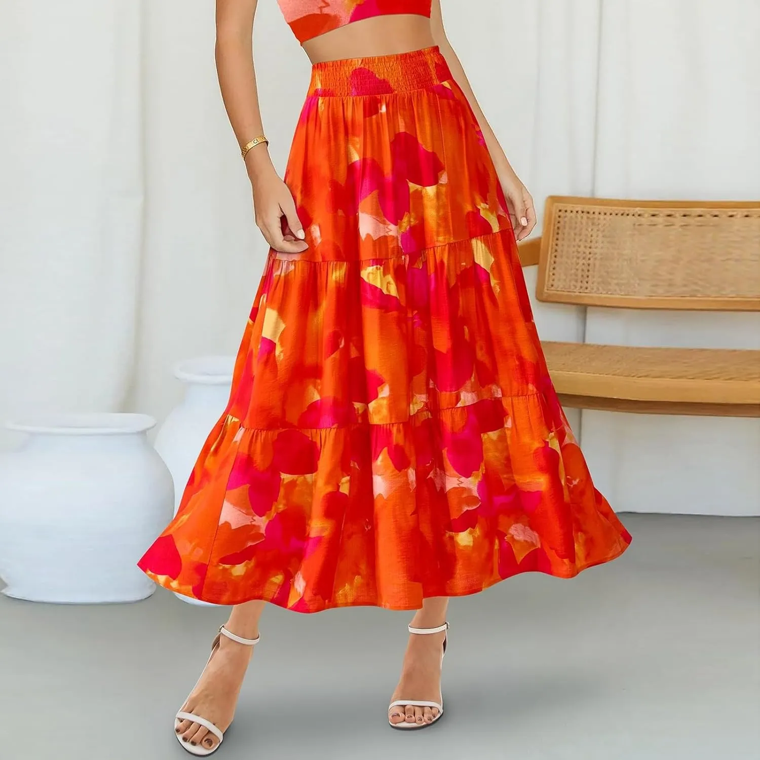 Womens Elastic High Waist Flared Midi Skirts Boho Floral Printed A-Line Pleated Beach Holiday Skirt with Pockets
