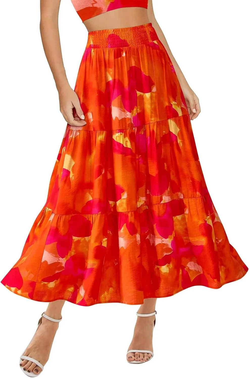 Womens Elastic High Waist Flared Midi Skirts Boho Floral Printed A-Line Pleated Beach Holiday Skirt with Pockets