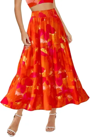 Womens Elastic High Waist Flared Midi Skirts Boho Floral Printed A-Line Pleated Beach Holiday Skirt with Pockets