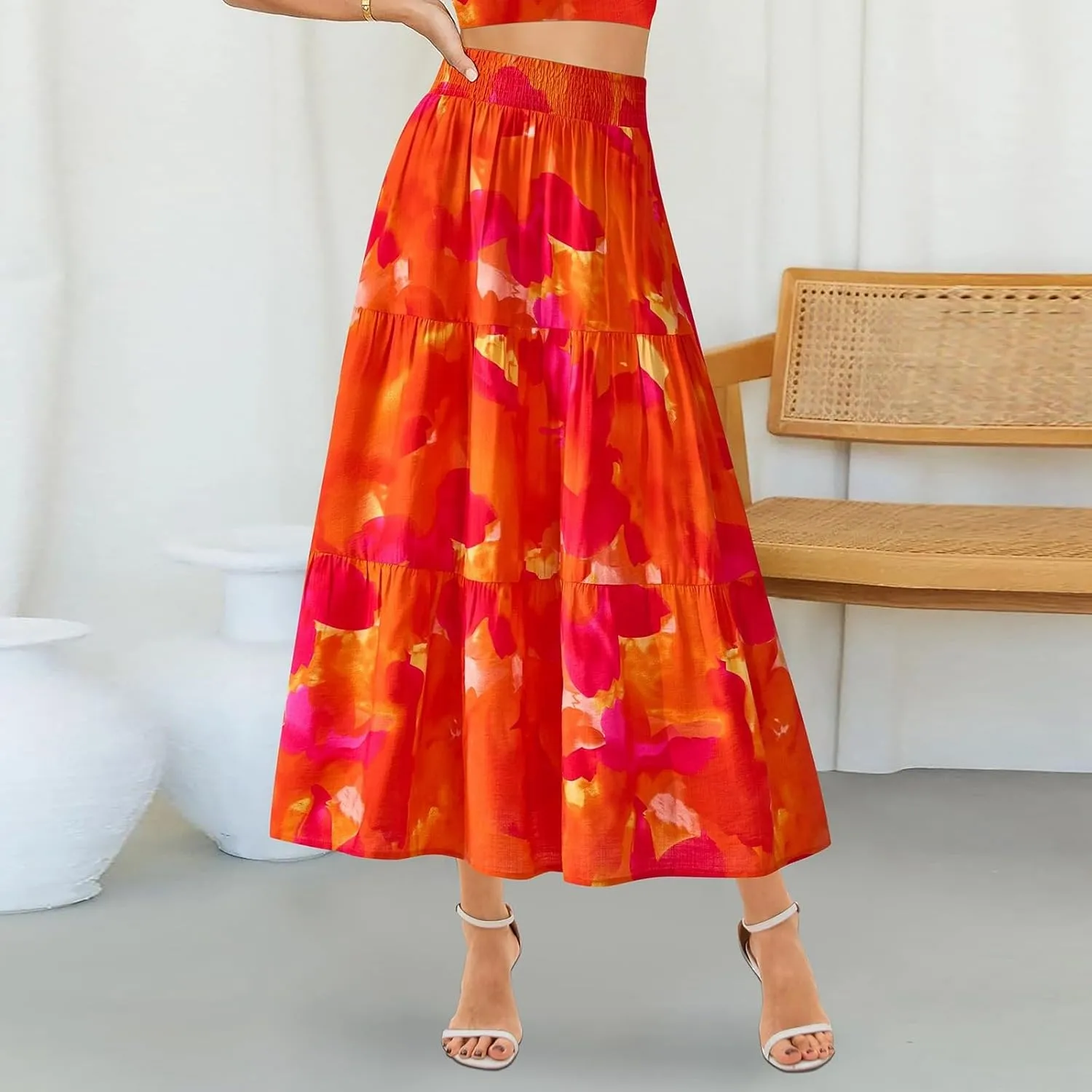 Womens Elastic High Waist Flared Midi Skirts Boho Floral Printed A-Line Pleated Beach Holiday Skirt with Pockets