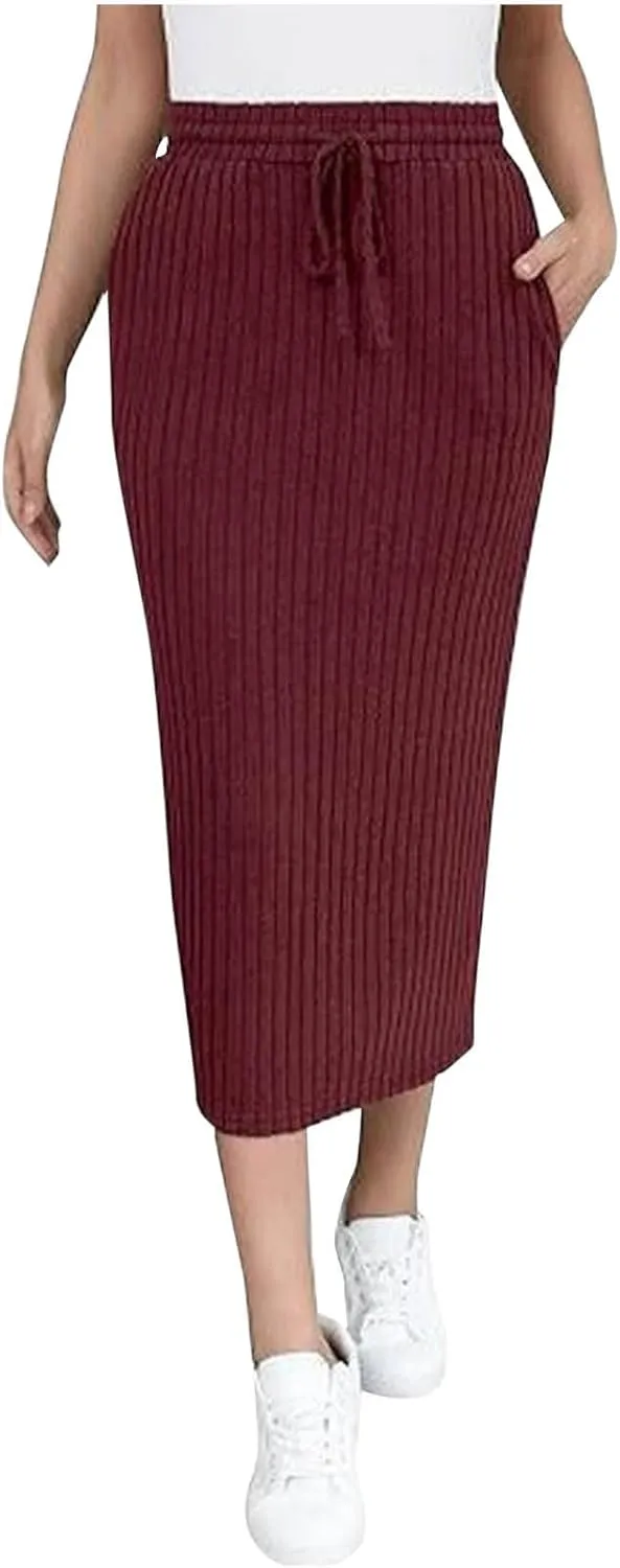Womens Elegant Bodycon Dress Ribbed Knit Sweater Skirts Drawstring Elastic High Waist Stretchy Midi Casual Skirt