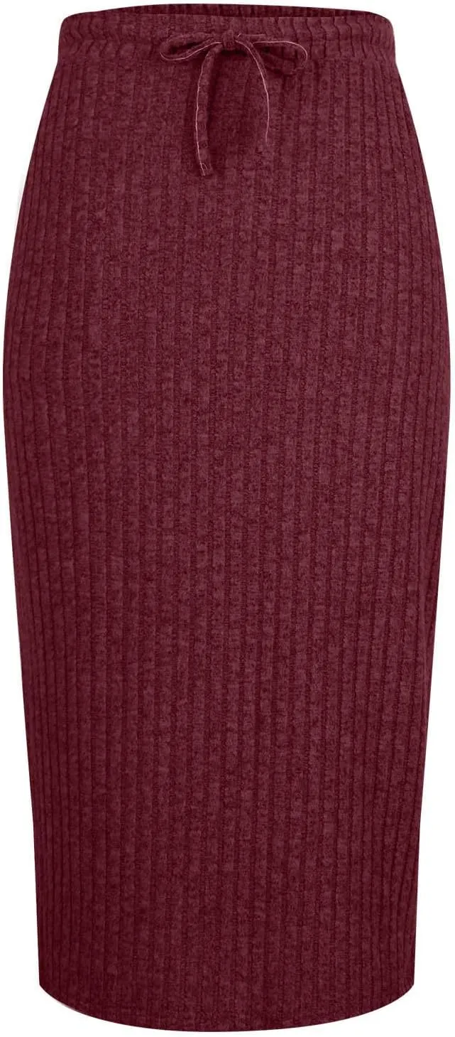 Womens Elegant Bodycon Dress Ribbed Knit Sweater Skirts Drawstring Elastic High Waist Stretchy Midi Casual Skirt