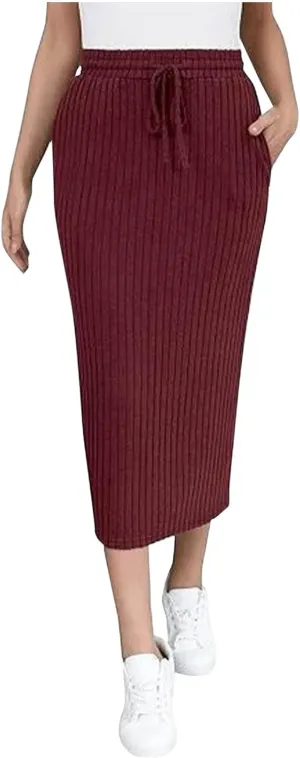 Womens Elegant Bodycon Dress Ribbed Knit Sweater Skirts Drawstring Elastic High Waist Stretchy Midi Casual Skirt