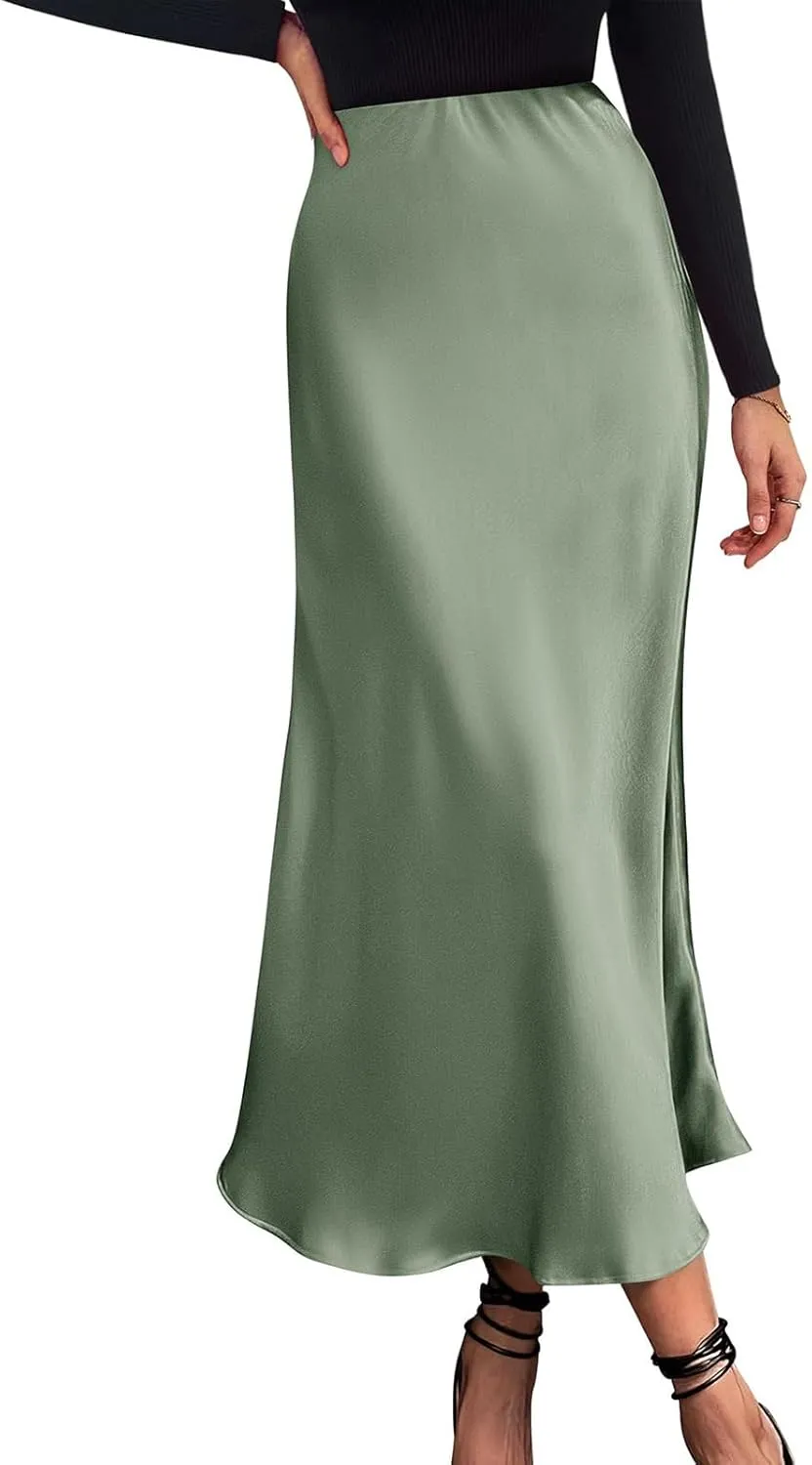 Womens Elegant Satin Skirts Casual A Line Midi Skirt Summer Spring High Waist Cocktail Party Wedding Long Skirt