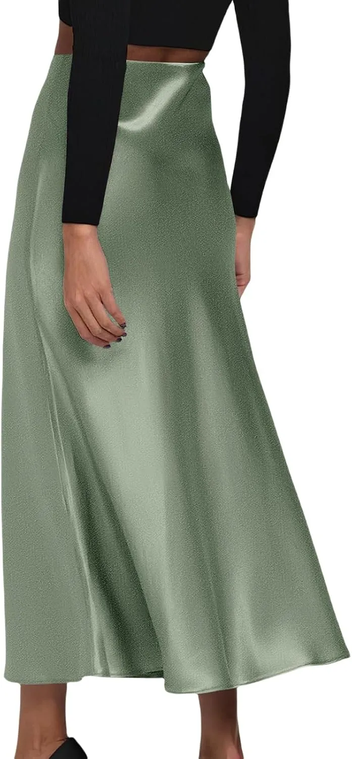 Womens Elegant Satin Skirts Casual A Line Midi Skirt Summer Spring High Waist Cocktail Party Wedding Long Skirt