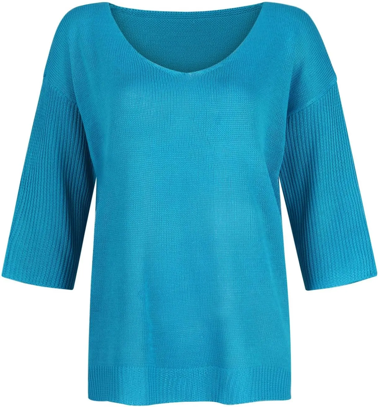 Women's Fall 3/4 Sleeve Sweaters 2024 Casual Crewneck Ribbed Knit Flower Striped Loose Pullover Tops Plus Size