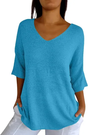 Women's Fall 3/4 Sleeve Sweaters 2024 Casual Crewneck Ribbed Knit Flower Striped Loose Pullover Tops Plus Size
