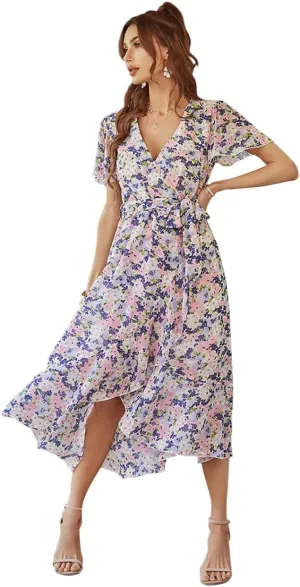 Women's Floral Print Midi Dresses Boho V Neck Button Up Short Sleeve Ruffle Beach Party Dress