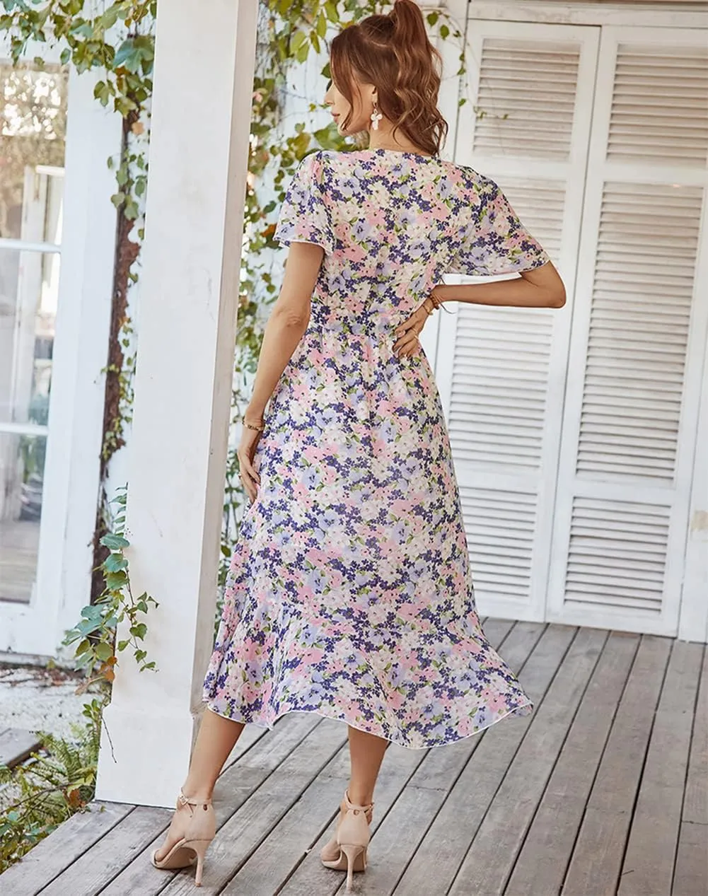 Women's Floral Print Midi Dresses Boho V Neck Button Up Short Sleeve Ruffle Beach Party Dress