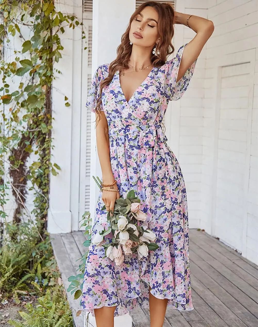 Women's Floral Print Midi Dresses Boho V Neck Button Up Short Sleeve Ruffle Beach Party Dress