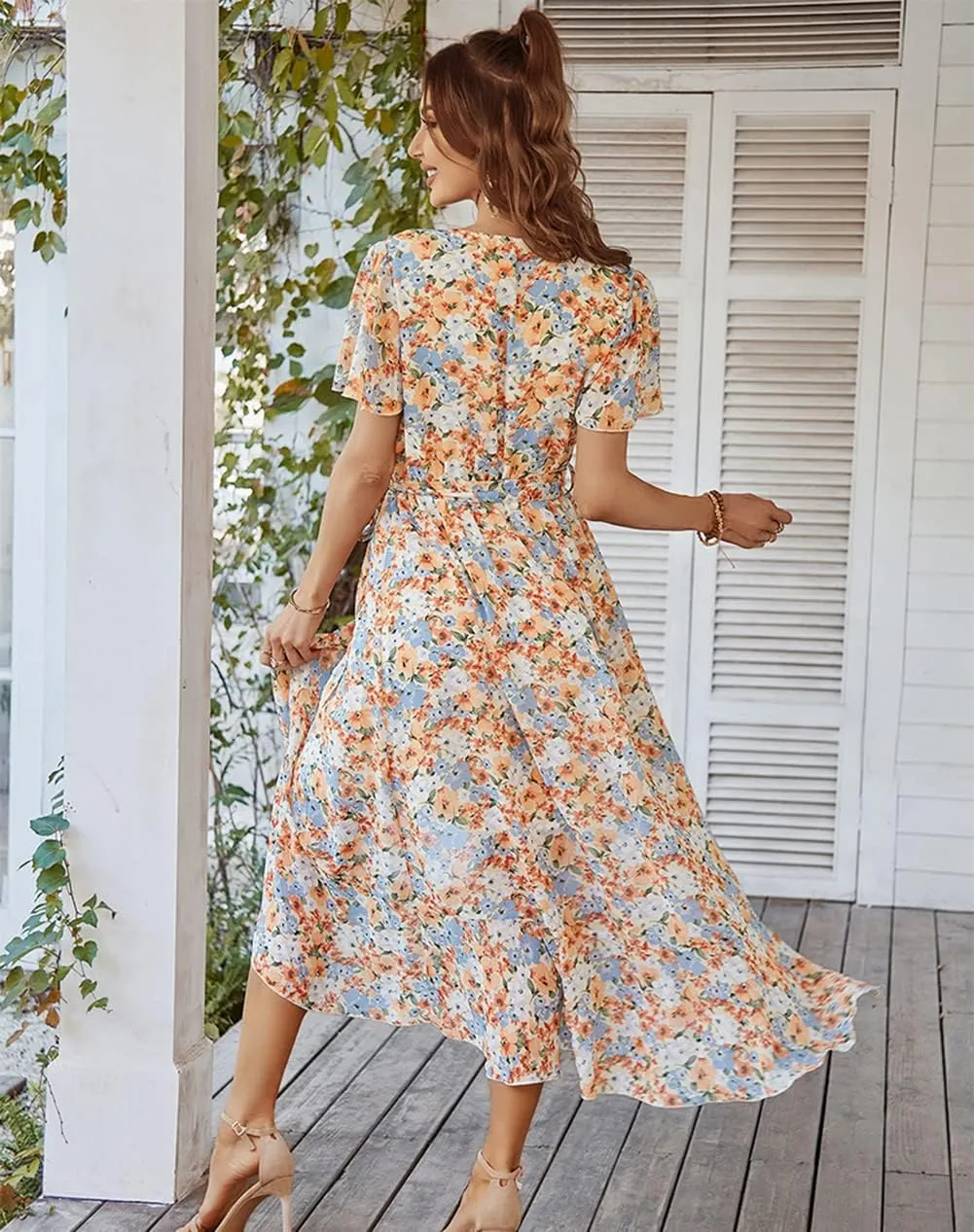 Women's Floral Print Midi Dresses Boho V Neck Button Up Short Sleeve Ruffle Beach Party Dress