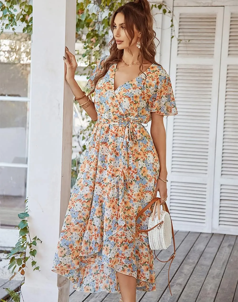 Women's Floral Print Midi Dresses Boho V Neck Button Up Short Sleeve Ruffle Beach Party Dress