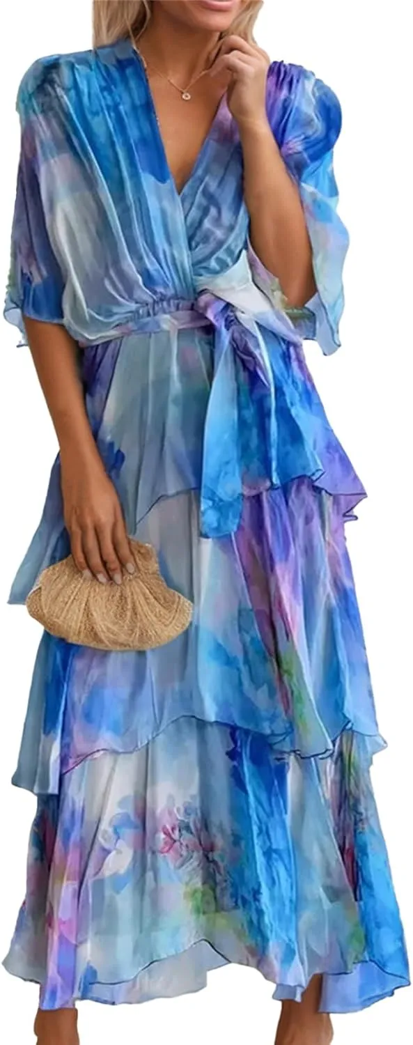 Womens Flowy Chiffon Tie-dye Maxi Wedding Guest Dress Ruffle Half Sleeve Wrap Empire Waist A-line Ruched Swing Tiered Dresses