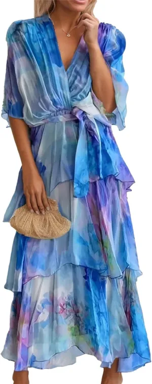 Womens Flowy Chiffon Tie-dye Maxi Wedding Guest Dress Ruffle Half Sleeve Wrap Empire Waist A-line Ruched Swing Tiered Dresses