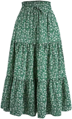 Womens Flowy Maxi Skirt Vintage Floral Print Drawstring High Waist Elastic A Line Boho Beach Holiday Long Skirts