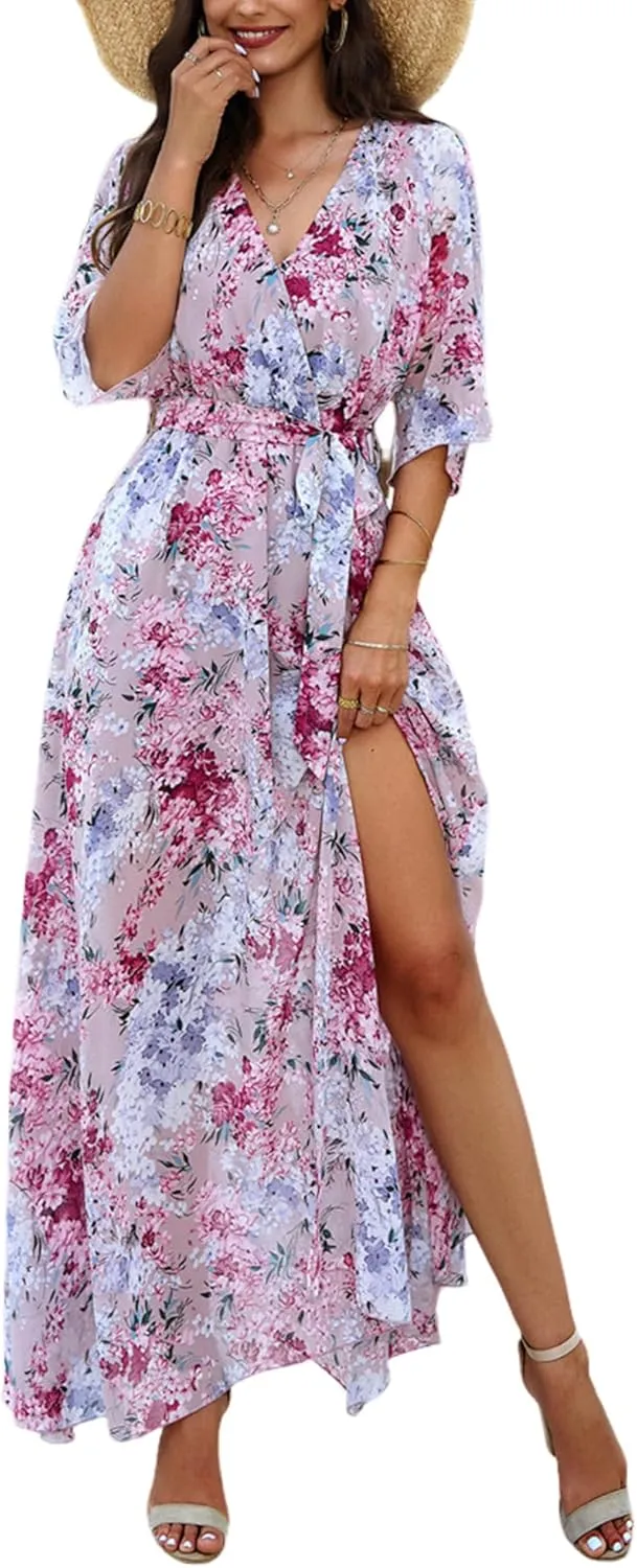 Womens Half Sleeve Wrap V Neck Chiffon Floral Casual Maxi Dress Spring Summer Wedding Guest Dresses for Women 2025