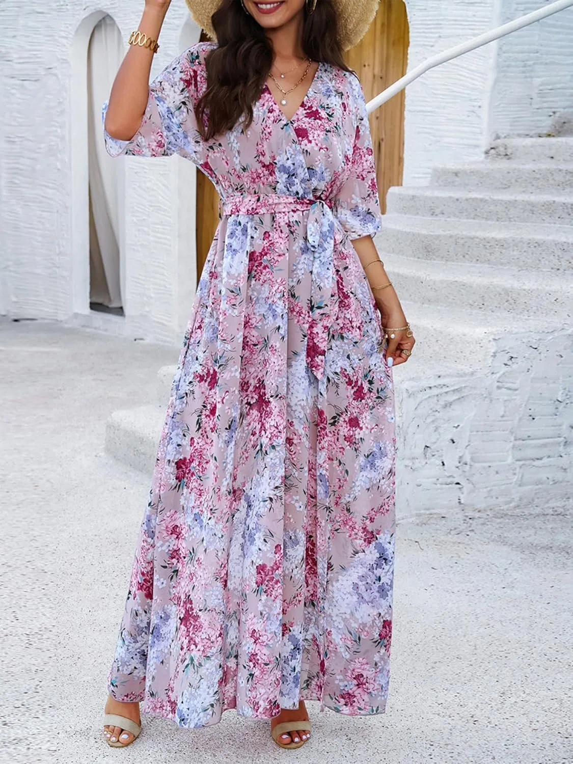 Womens Half Sleeve Wrap V Neck Chiffon Floral Casual Maxi Dress Spring Summer Wedding Guest Dresses for Women 2025