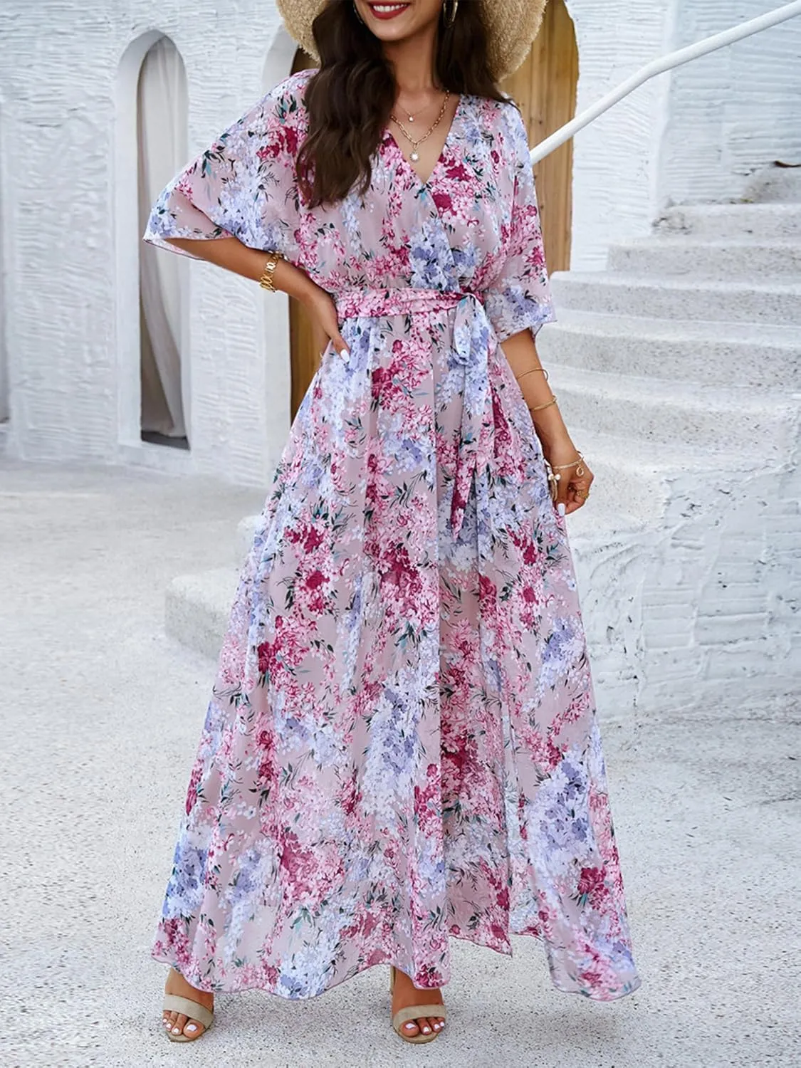 Womens Half Sleeve Wrap V Neck Chiffon Floral Casual Maxi Dress Spring Summer Wedding Guest Dresses for Women 2025