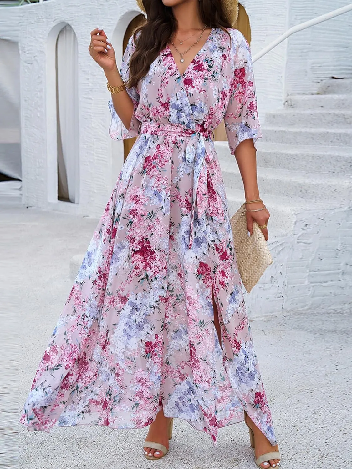 Womens Half Sleeve Wrap V Neck Chiffon Floral Casual Maxi Dress Spring Summer Wedding Guest Dresses for Women 2025