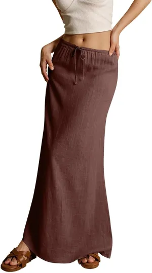 Women's High Waist Linen A-Line Maxi Skirt - Flowy Summer Skirts with Pockets, Casual & Trendy