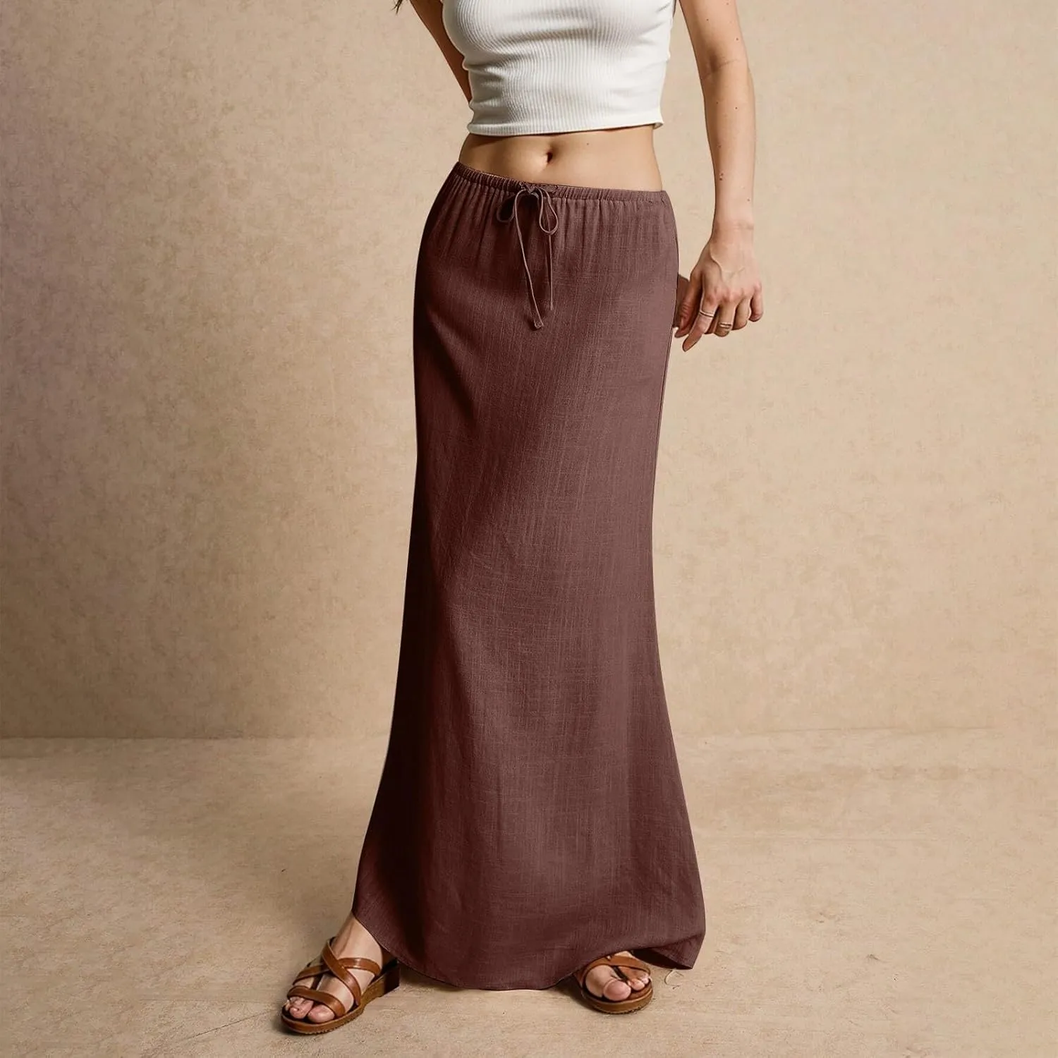 Women's High Waist Linen A-Line Maxi Skirt - Flowy Summer Skirts with Pockets, Casual & Trendy
