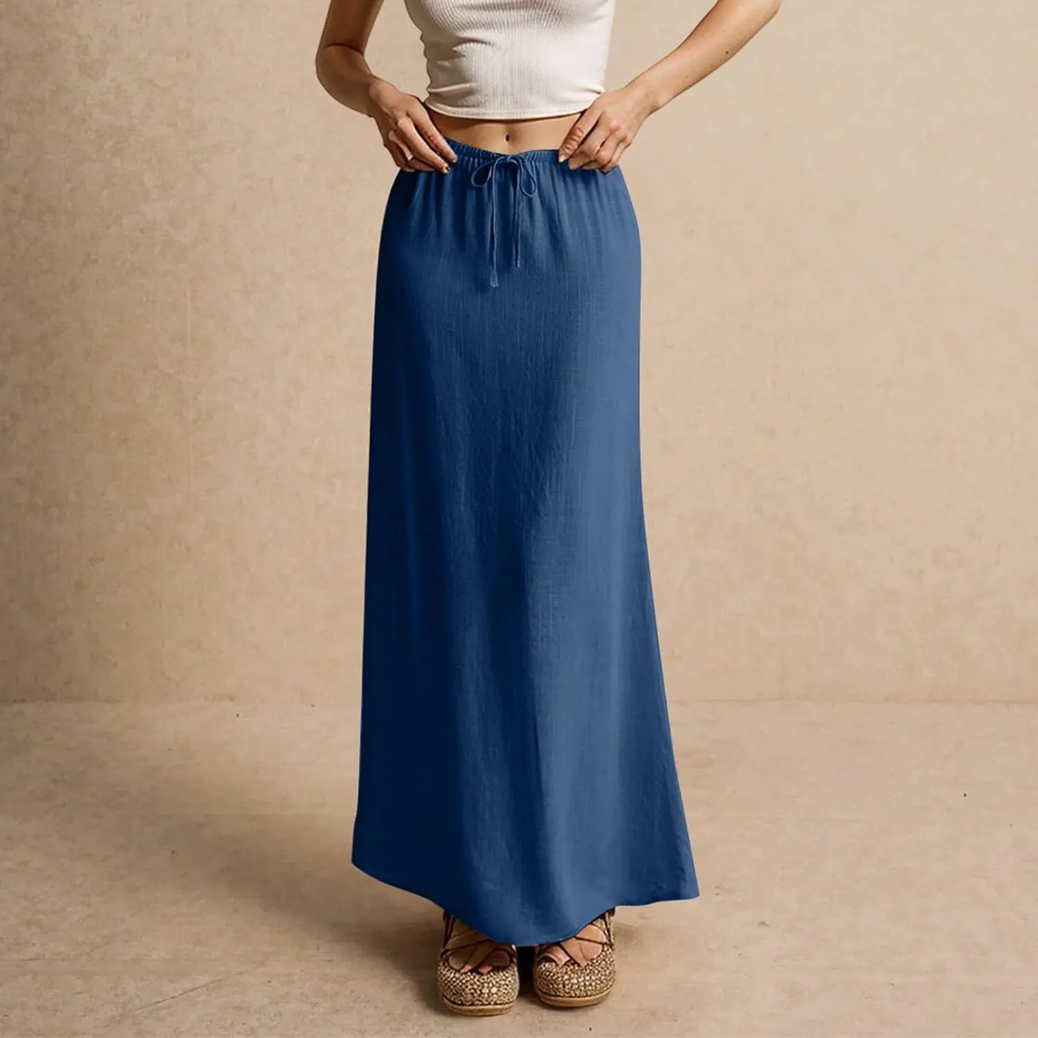 Women's High Waist Linen A-Line Maxi Skirt - Flowy Summer Skirts with Pockets, Casual & Trendy