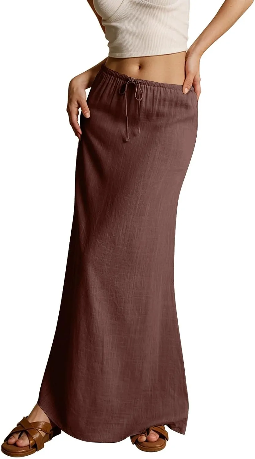 Women's High Waist Linen A-Line Maxi Skirt - Flowy Summer Skirts with Pockets, Casual & Trendy