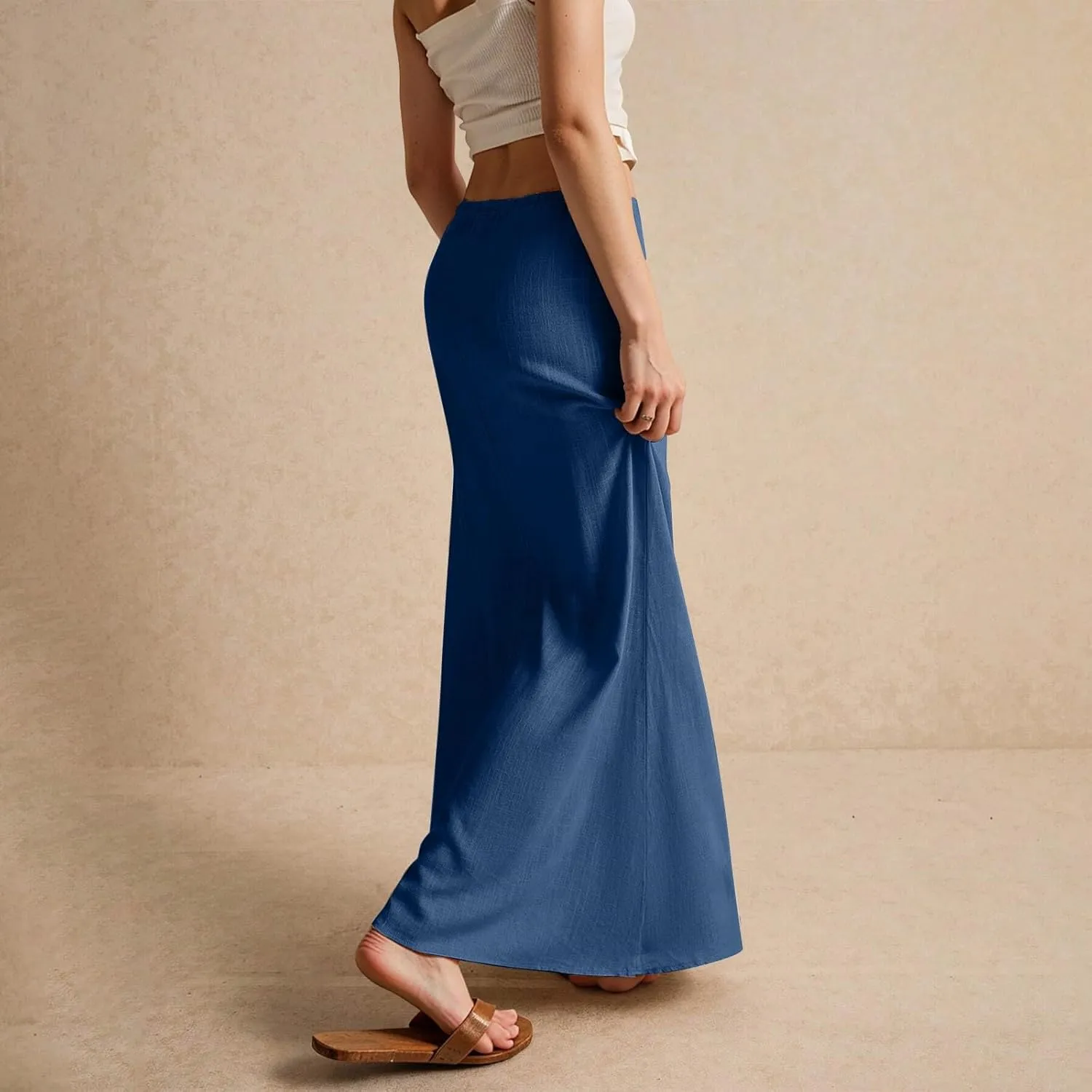 Women's High Waist Linen A-Line Maxi Skirt - Flowy Summer Skirts with Pockets, Casual & Trendy