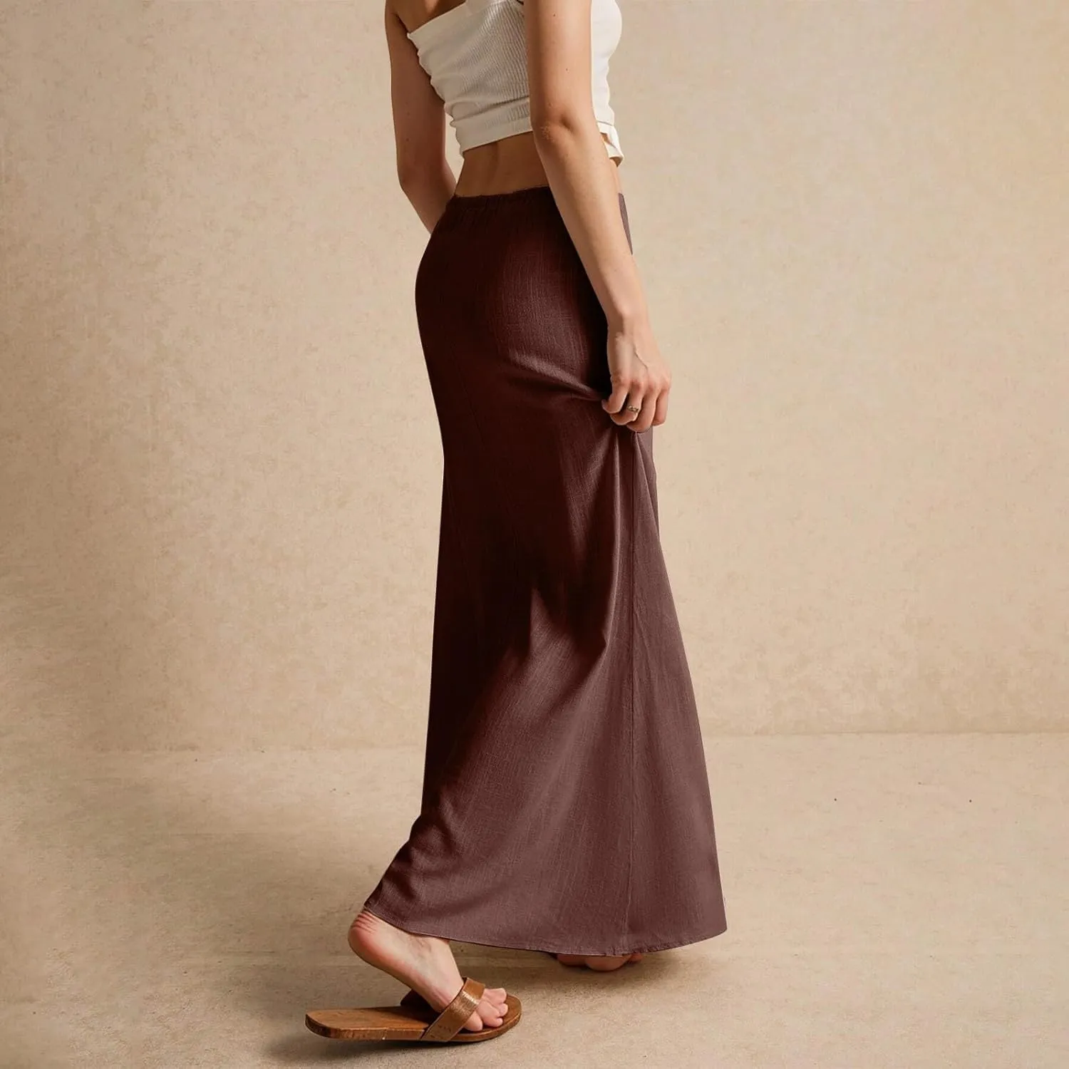 Women's High Waist Linen A-Line Maxi Skirt - Flowy Summer Skirts with Pockets, Casual & Trendy
