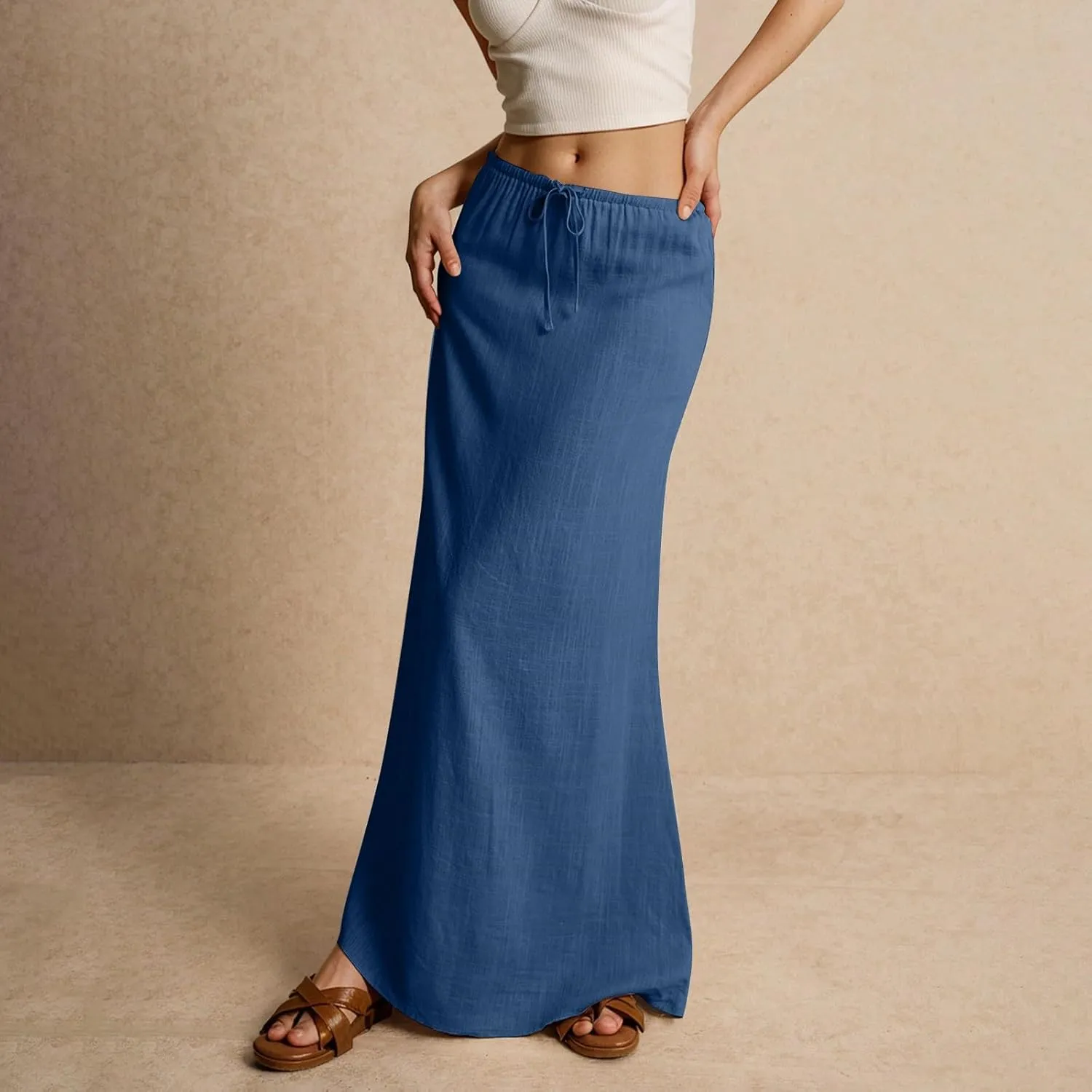 Women's High Waist Linen A-Line Maxi Skirt - Flowy Summer Skirts with Pockets, Casual & Trendy
