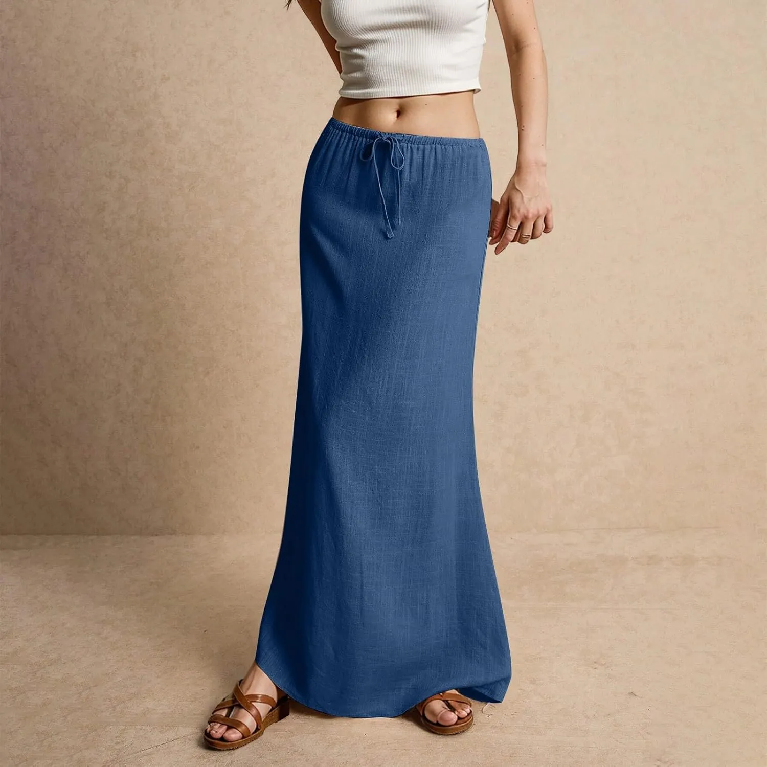 Women's High Waist Linen A-Line Maxi Skirt - Flowy Summer Skirts with Pockets, Casual & Trendy