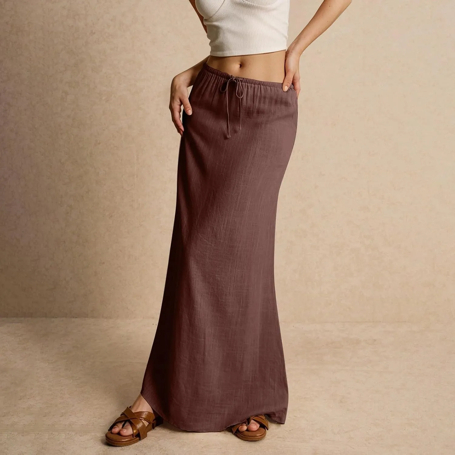 Women's High Waist Linen A-Line Maxi Skirt - Flowy Summer Skirts with Pockets, Casual & Trendy