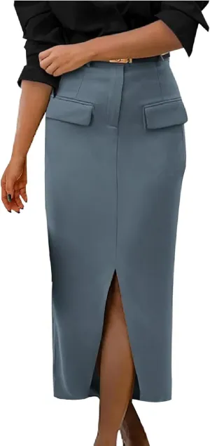 Women's High Waisted Front Split Maxi Skirt Elegant Business Work Skirts Evening Party A-Line Skirts with Pockets