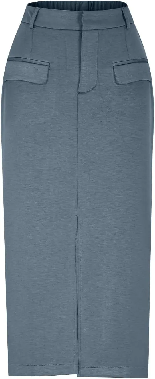 Women's High Waisted Front Split Maxi Skirt Elegant Business Work Skirts Evening Party A-Line Skirts with Pockets