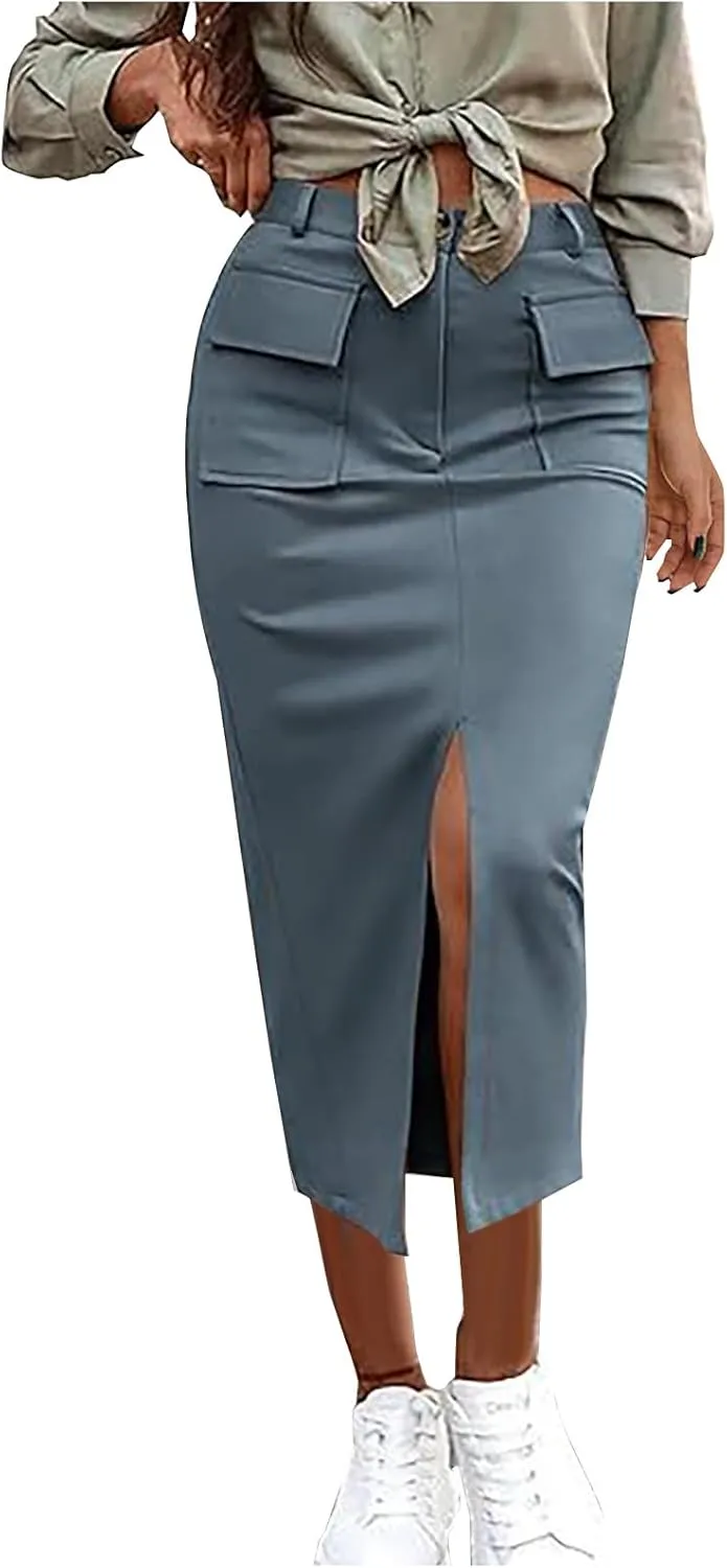 Women's High Waisted Front Split Maxi Skirt Elegant Business Work Skirts Evening Party A-Line Skirts with Pockets