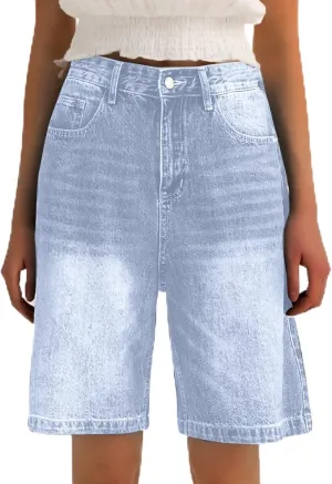 Womens High Waisted Stretch Bermuda Denim Shorts Knee Length Distressed Cutoffs, Loose Fit Casual Summer Jean Shorts