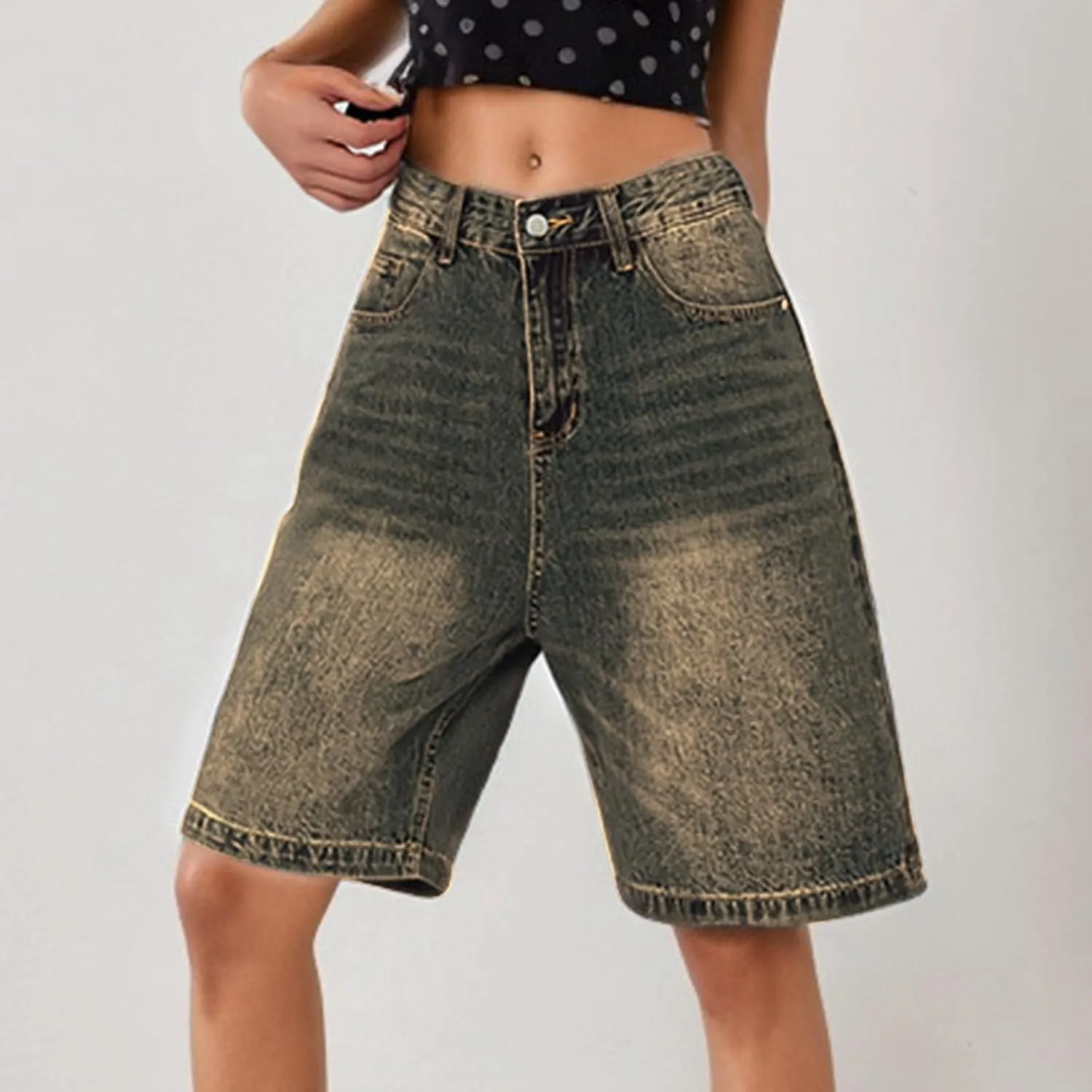 Womens High Waisted Stretch Bermuda Denim Shorts Knee Length Distressed Cutoffs, Loose Fit Casual Summer Jean Shorts