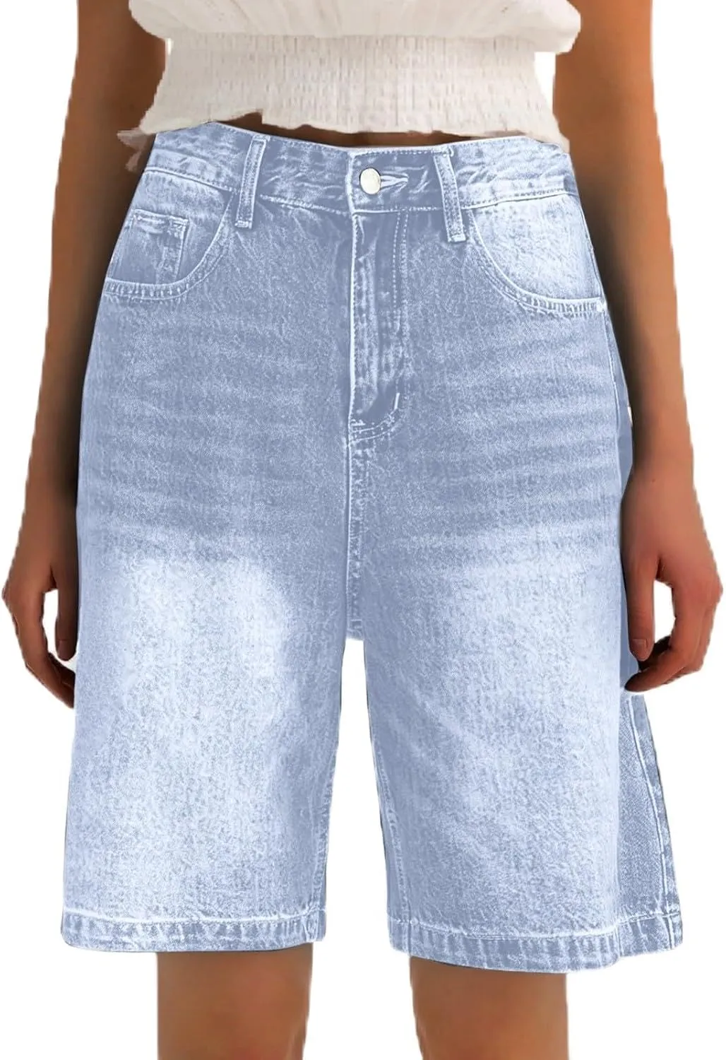 Womens High Waisted Stretch Bermuda Denim Shorts Knee Length Distressed Cutoffs, Loose Fit Casual Summer Jean Shorts