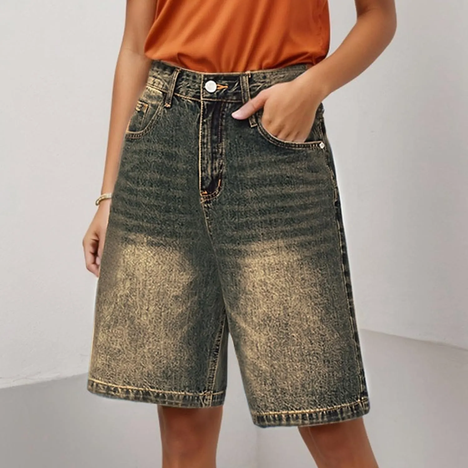 Womens High Waisted Stretch Bermuda Denim Shorts Knee Length Distressed Cutoffs, Loose Fit Casual Summer Jean Shorts